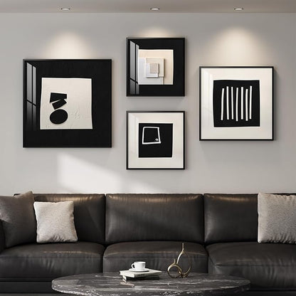4 Piece Framed Modern Black and White Wall Art Set, Minimalist Abstract Prints Artworks, Bright Style Geometric Picture Painting Decor for Living Room Dining Room Hallway Bedroom Home Office
