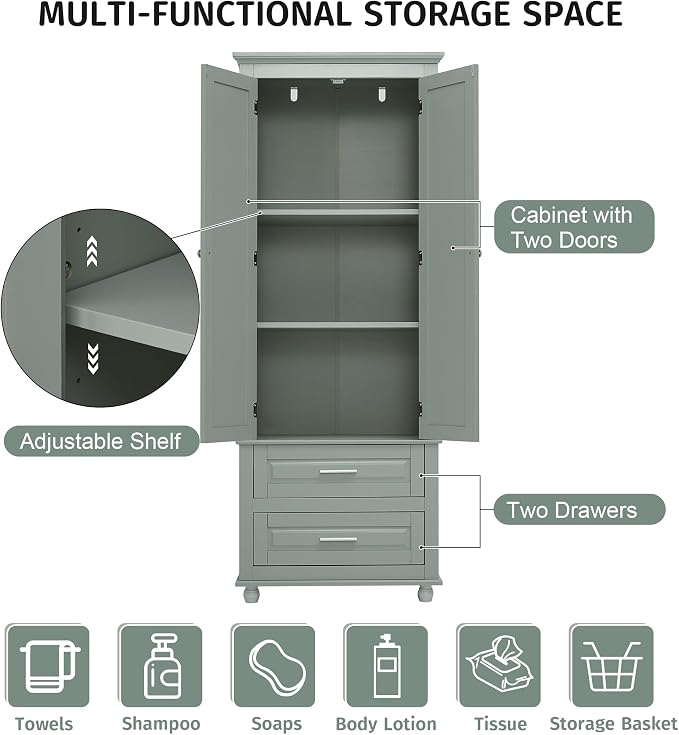 Storage Cabinet, Tall Bathroom Cabinet with Adjustable Shelf | Tall storage cabinet, upper enclosed cabinet and 2 pull-out compartments keep daily essentials organized