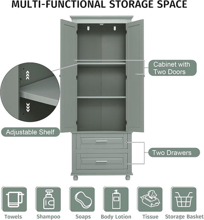 Storage Cabinet, Tall Bathroom Cabinet with Adjustable Shelf | Tall storage cabinet, upper enclosed cabinet and 2 pull-out compartments keep daily essentials organized