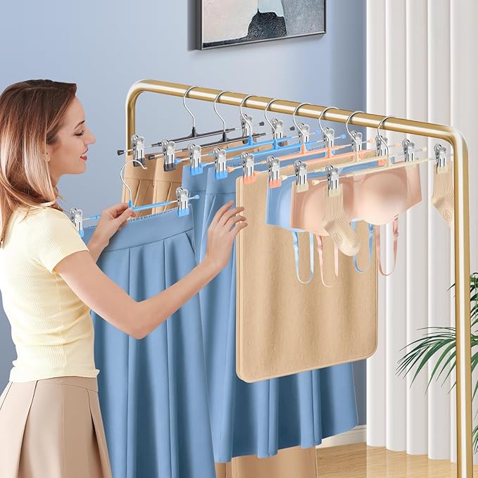 10PACK 14Inch Pants Hangers with Clips Adjustable Skirt Hangers for Women Black Metal Non-Slip Trousers Hanger Heavy Duty Space Saving Clothes Hanger for Shorts,Jeans,Sky Blue
