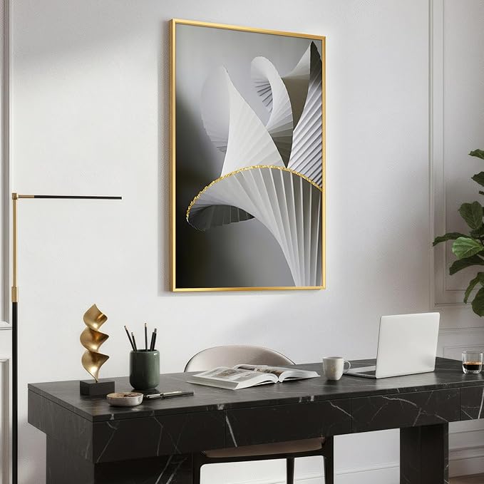 Framed Black and White Abstract Wall Art, Modern Canvas Prints Paintings for Walls, Contemporary Minimalist Gray Gold Fold Geometric Pictures for Living Room Dining Bedroom Hallway Wall Decor 24x36 In