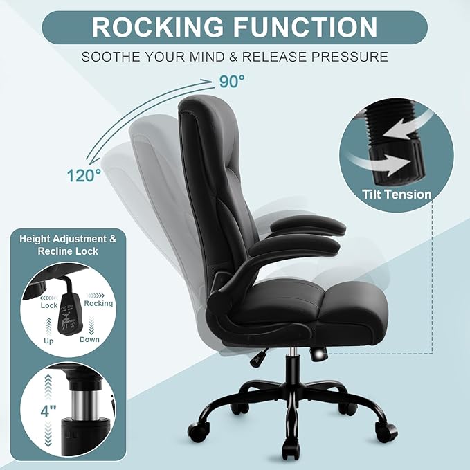 Executive Office Chair,High Back Ergonomic Comfy Desk Chair with Padded Flip-up Armrests and Wheels,PU Leather Heavy Duty Computer Swivel Rolling Task Chair for Home Office,Adults,Black