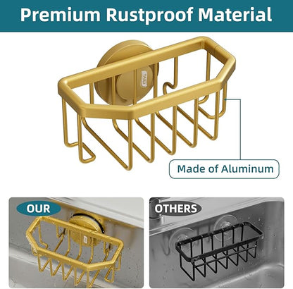TAILI Sponge Holder for Kitchen Sink with Strong Suction Cup Removable, Rustproof Aluminum Sink Caddy for Sponge, Brush, Scrubber, Scraper -Gold