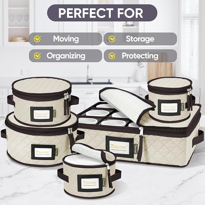 BALEINE China Storage Containers, Sturdy Quilted Wine Glass Storage, Plate Organizer with Carry Handles, Moving Boxes for Dishes, Cups, Mugs and Stemware (Plate Mug Combo, Soft Shell Cream)