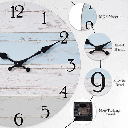 Wall Clock 10 Inch Silent Non-Ticking Coastal Beach Style Wall Clocks Battery Operated Rustic Retro Decorative for Kitchen, Bathroom, Living Room, Laundry Room(Azure Blue)