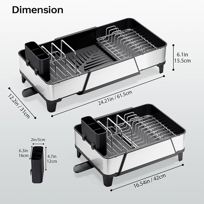 Urackify Large Dish Drying Rack - Triple Expandable Dish Rack for Kitchen Counter, Stainless Steel Sink Organization and Storage Essentials with Utensil & Pans Holder for Home and Appartment, Black