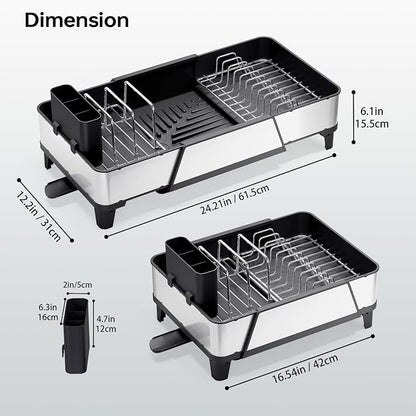Urackify Large Dish Drying Rack - Triple Expandable Dish Rack for Kitchen Counter, Stainless Steel Sink Organization and Storage Essentials with Utensil & Pans Holder for Home and Appartment, Black