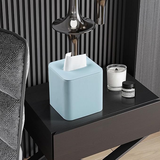 MEIBOOCH PU Leather Tissue Box Cover with Magnetic Closure, Square Tissue Box Holder with Rounded Edges Design (Blue, Square)