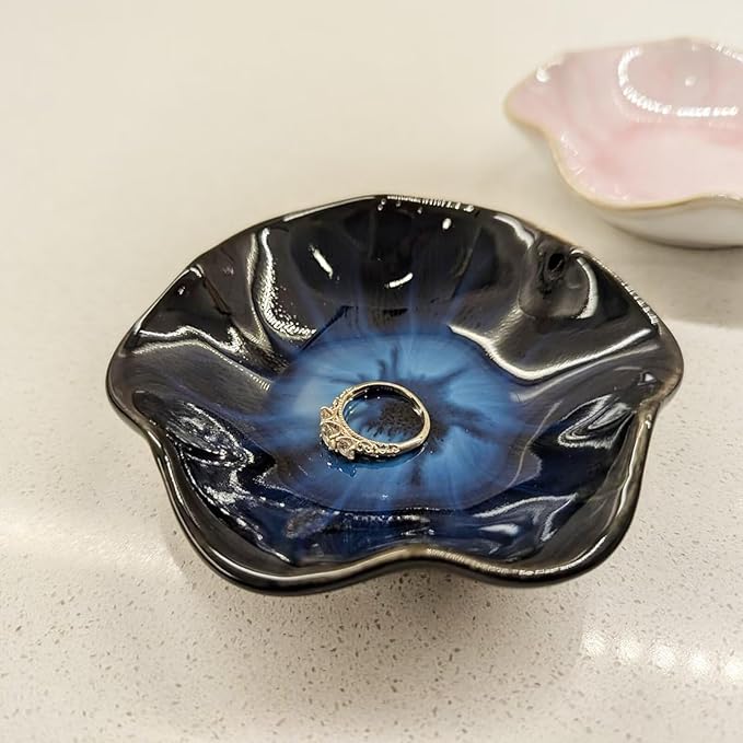 2Pcs Ceramic Jewelry Dish - Lotus Leaf Shape, for Ring Holder Necklace Small Key, Suitable for Mother Friend Sister, Gifts for Women, Cute Plate Trinket Tray, Home Decor (Blue-2PCS)