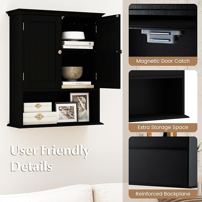 Giantex Bathroom Cabinet Wall Mount, Medicine Cabinet with Adjustable Shelf, Open Shelf, Over The Toilet Space Saver Storage Organizer for Laundry Room, Kitchen, Cupboard (Black)