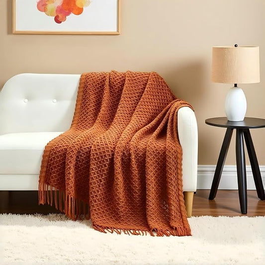 CREVENT Farmhouse Boho Knitted Throw Blanket for Couch Sofa Chair Bed Home Decoration, Soft Warm Cozy Light Weight for Spring Summer Fall (50''X60'' Caramel/Rust Burnt Orange)