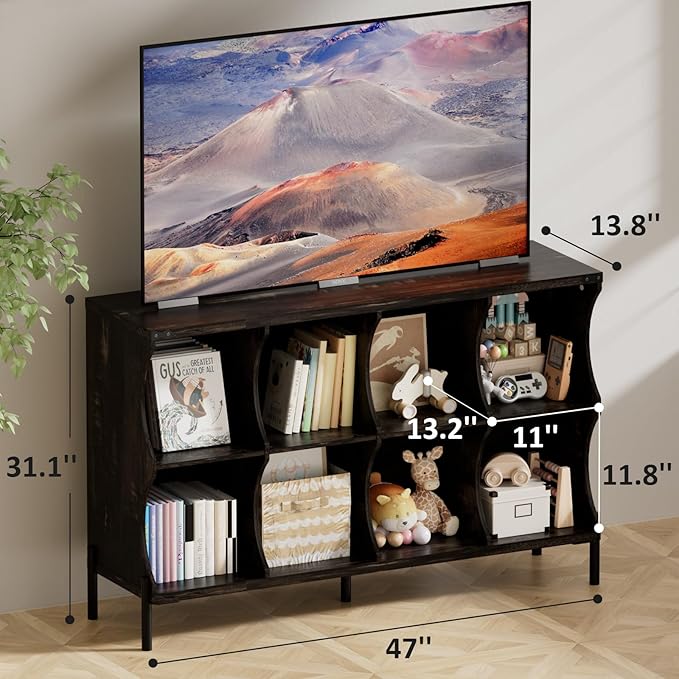 8 Cube Book Shelf, Low and Short Bookshelf, Long Cube Storage Organizer Wood TV Stand, Toy Organization DVD Cabinets for Living Room, Office, Bedroom, Dorm, Dark Brown with Dark Brown Top