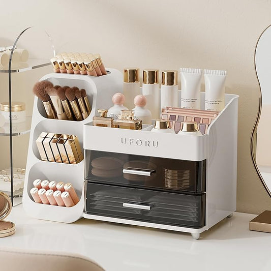 Makeup Organizer for Vanity with Brush Holder, Countertop Skincare Organizer with 2 Drawers, Spacious Cosmetic Display Case for Perfumes, Eyeshadow Palettes, Nail Polishes