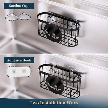 Consumest Sponge Holder Smiley Face - Kitchen Sink Caddy, Sink Organizer with Removable Suction Cups & Adhesive Strips, Suit for Sponge, Soap, Black
