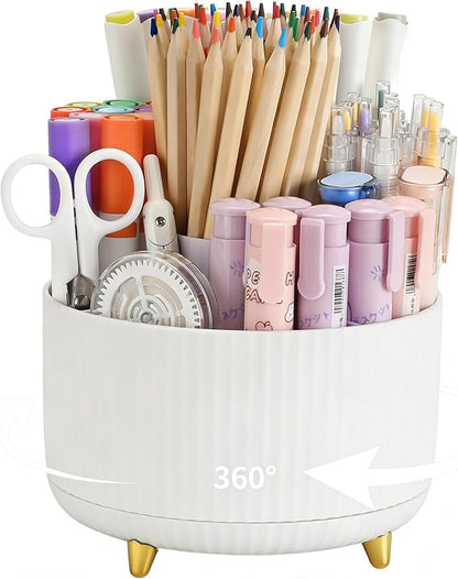 Camelmother Pen Holder For Desk With 5 Slots 360°Rotating Pencil Holder Makeup Organiezr Teacher Supplies Office decor (white)