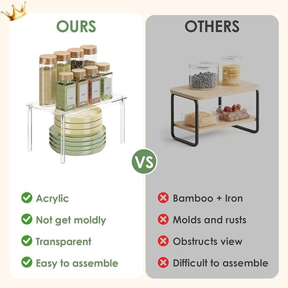 Delamu Cabinet Shelves, Clear Stackable Acrylic Storage Risers with Heavy Duty Support, Cabinet Organizer Shelf for Spices, Seasonings, Jars, Pantry, Kitchen Counter, Easy Assembly