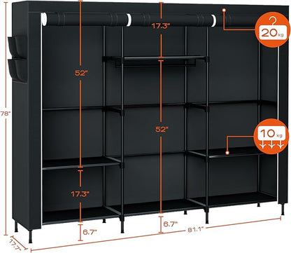 Portable Closet, 81.1 Inch Extra Large Capacity Wardrobe Closet with Cover, Clothes Storage Organizer with Shelves and 3 Hanging Rods, Easy to Assembly, Black PCT133B01