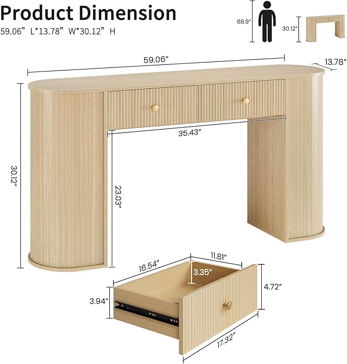 59" Fluted Console Table with 2 Drawers - Wood Entryway Table with Storage, Long Modern Sofa Tables Behind Couch with Curved Leg for Living Room, Entry, Hallway, Entrance, Foyer, Natural