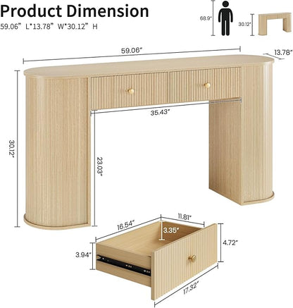 59" Fluted Console Table with 2 Drawers - Wood Entryway Table with Storage, Long Modern Sofa Tables Behind Couch with Curved Leg for Living Room, Entry, Hallway, Entrance, Foyer, Natural