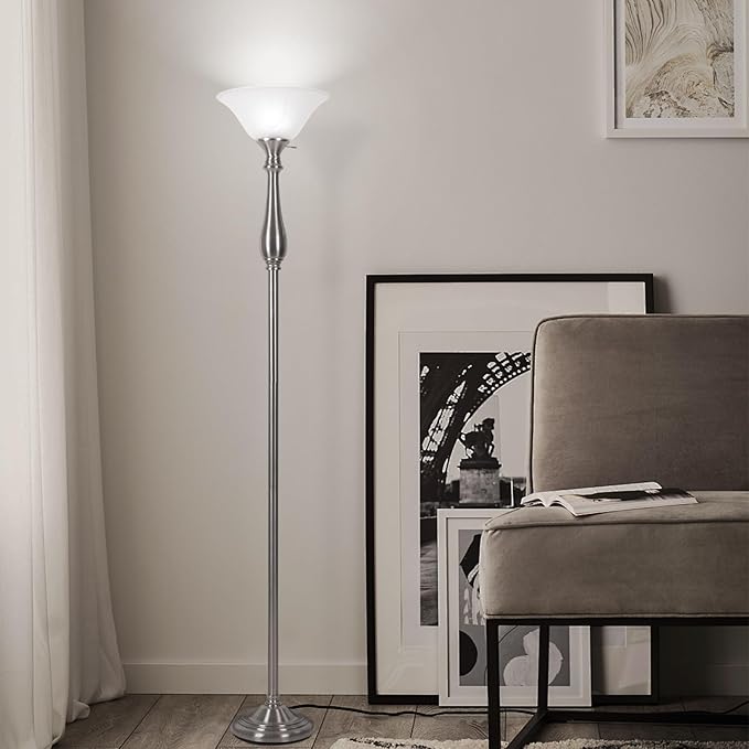 HonoDing Torchiere Floor Lamp for Living Room, Standing Lamp with White Alabaster Glass Shade, Iron Brushed Nickel Floor Lamps, Corner Lamps for Bedroom, Office, Reading