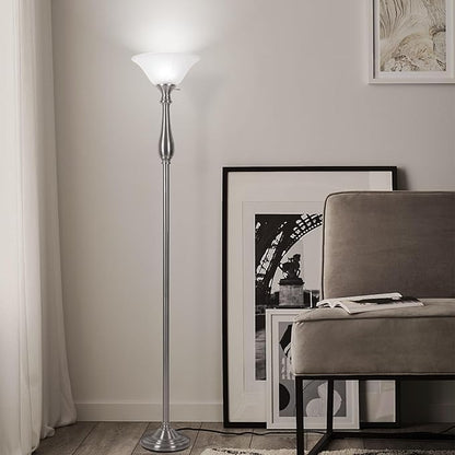 HonoDing Torchiere Floor Lamp for Living Room, Standing Lamp with White Alabaster Glass Shade, Iron Brushed Nickel Floor Lamps, Corner Lamps for Bedroom, Office, Reading