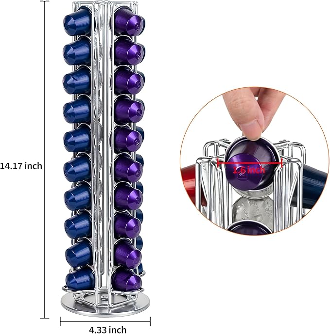 Silver 40 Pods Coffee Pod Holder for OriginalLine Capsules – 40 Pods Capacity, Countertop Coffee Capsule Carousel Organizer, Space-Saving Storage Rack