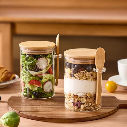 4 Pack Overnight Oats Containers with Bamboo Lids and Spoons - 22 oz Airtight Glass Jars with Lid, Meal Prep Jars for Chia Pudding, Yogurt, Salad, Cereal, Coffee, Flour | Food Storage Canister