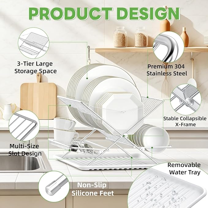 Stainless Steel Foldable Dish Drying Rack, 3 Tier Large Capacity Collapsible Folding Dish Drainer with Drainboard for Kitchen Counter (Upgraded)