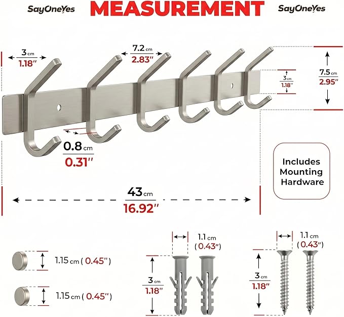 Coat Rack Wall Mount – Brushed Nickel 17 Inch Stainless Steel Hook Rail with 6 Heavy Duty Double Coat Hooks – Wall Mounted Coat Hanger for Entryway, Bathroom, Bedroom, Towel, Hat Organizer - 2 Pack