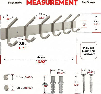 Coat Rack Wall Mount – Brushed Nickel 17 Inch Stainless Steel Hook Rail with 6 Heavy Duty Double Coat Hooks – Wall Mounted Coat Hanger for Entryway, Bathroom, Bedroom, Towel, Hat Organizer