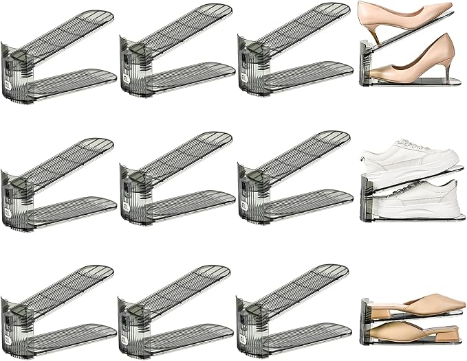 Shoe Slots Organizer, Clear Shoe Stacker, Adjustable Level Shoe Rack,Storage Space Saver for Sneakers Display (Grey Transparent, 12Pack)