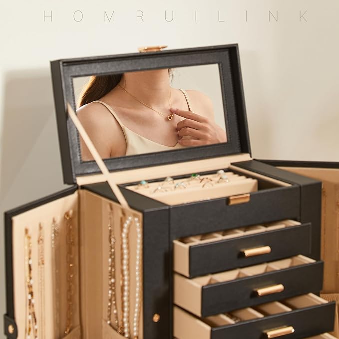 Large Leather Jewelry Box Organizer 6 layer Jewelry Storage Case for Women Girls Ring Necklace Earring Bracelet Holder with Mirror Christmas Gift(Black)