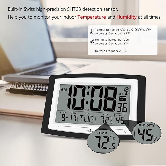 WallarGe Atomic Clock with Indoor Temperature and Humidity, 12.5 Inch Self-Setting Digital Wall Clock or Desk Clock, Battery Operated Digital Clock Large Display for Seniors, Auto DST