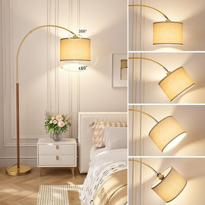 Ambimall Dimmable Arc Floor Lamp with Remote, Color Temperatures and Brightness Adjustable, Arched Floor Lamp with Rotating Head, Over Couch Arched Reading Light for Living Room (Gold and Wood Grain)