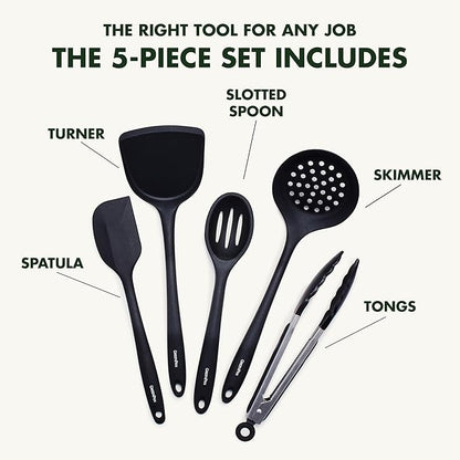 GreenPan 5 Piece Cooking Utensil Set, Flexible Nonstick Silicone, Stain-Free, Tongs, Turner, Spatula, Skimmer, and Slotted Spoon, Black