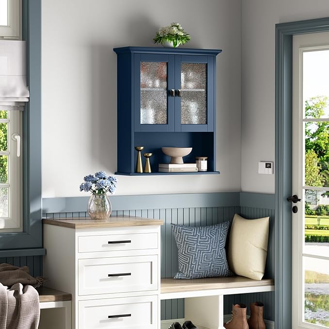 Wall Mount Bathroom Storage Cabinet, Medicine Cabinet with Tempered Glass Door and Buffering Hinge Over Toilet Storage Cabinet Wall Mounted Organizer Above Toilet Storage (Ultramarine)