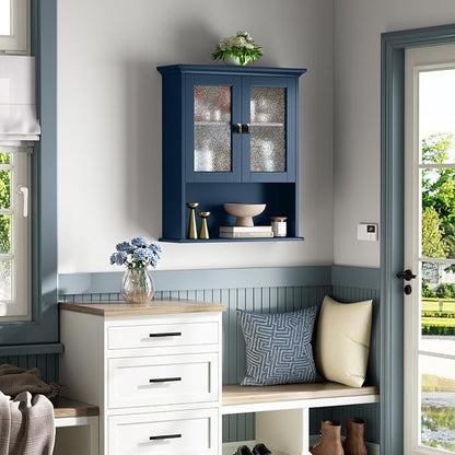 Wall Mount Bathroom Storage Cabinet, Medicine Cabinet with Tempered Glass Door and Buffering Hinge Over Toilet Storage Cabinet Wall Mounted Organizer Above Toilet Storage (Ultramarine)