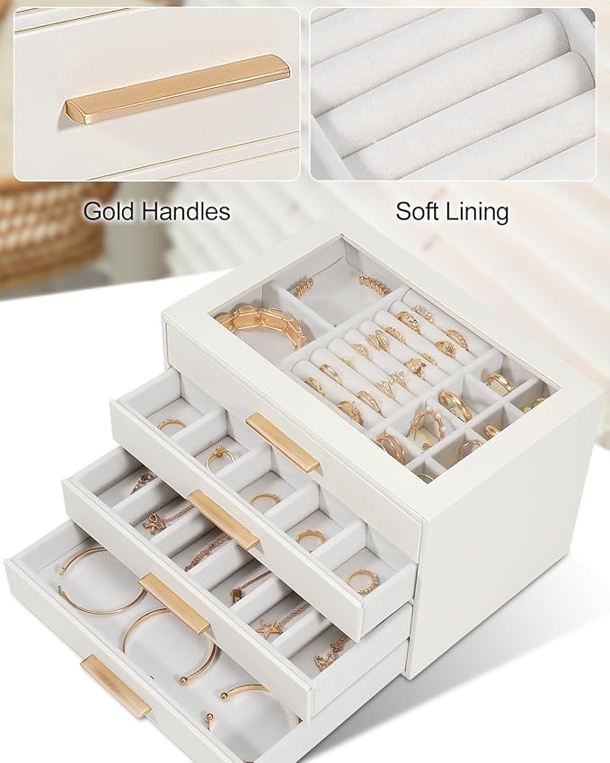 GUOER Jewelry Box for Women 4 Layers, Glass Lid Jewelry Organizer with 4 Drawers Cloud White PU Jewelry Storage Case for Necklaces Rings Earrings Bracelets
