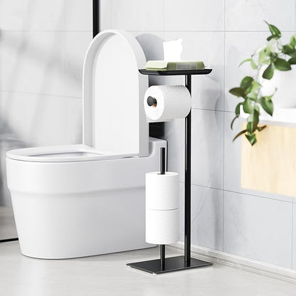 Toilet Paper Holder Stand with Top Storage Shelf, Free Standing Toilet Roll Dispenser for Bathroom, Holds 4 Reserve Rolls