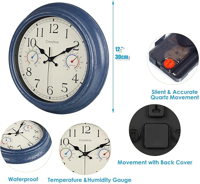 Outdoor Clock with Thermometer & Hygrometer Combo - Waterproof Vintage Coastal Decor Wall Clock for Patio, Pool, Garden, Backyard, Bathroom - 12 Inch, Blue