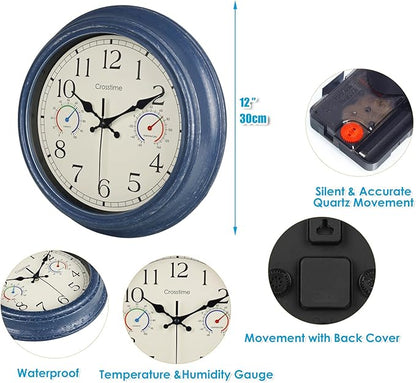 Outdoor Clock with Thermometer & Hygrometer Combo - Waterproof Vintage Coastal Decor Wall Clock for Patio, Pool, Garden, Backyard, Bathroom - 12 Inch, Blue