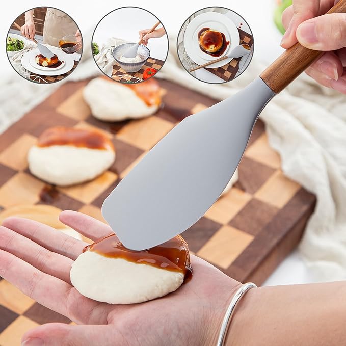 Silicone Spatula 2pcs Good Grips Silicone Spatula Food Grade Rubber Spatulas Acacia Solid Strong Handle Heat Resistant Up to 600°F for Nonstick Cookware, Cooking Spoons