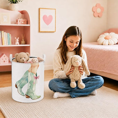 Pink Bow Cowgirl Western Laundry Basket, Sage Green Boots Southwestern Laundry Hamper Waterproof Collapsible Clothes Toys Storage Bin Organizer for Girls Bedroom Bathroom Home
