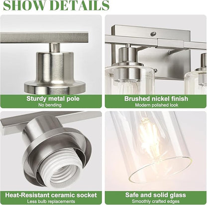 4-Light Bathroom Light Fixtures, Vanity Light with Clear Glass Shades, Brushed Nickel Bathroom Light Fixtures Over Mirror, Modern Bathroom Wall Lamp for Mirror Living Room Cabinet Bedroom