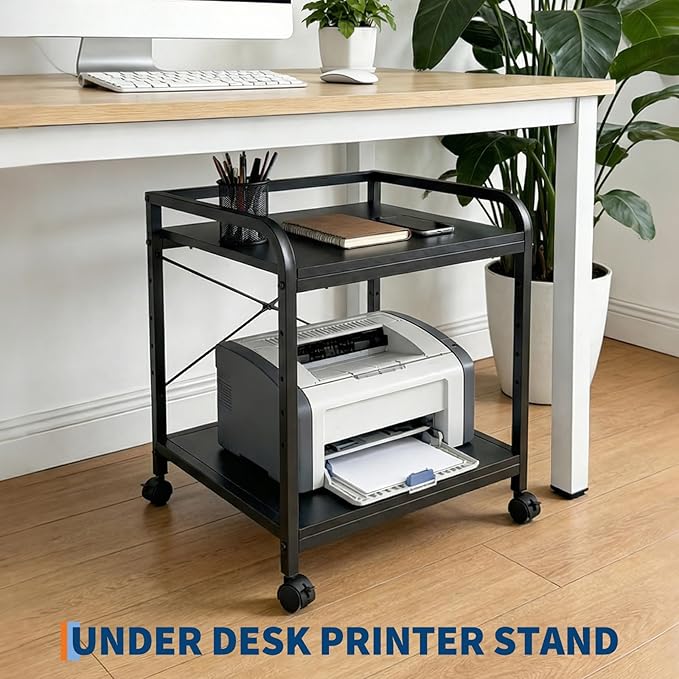 Garvee Under Desk Printer Stand, 2 Tier Printer Stand with Height Adjustable Storage Shelf, 20" Deep Large Rolling Printer Cart with Wheels for Home Office, Black