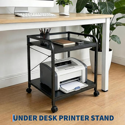 Garvee Under Desk Printer Stand, 2 Tier Printer Stand with Height Adjustable Storage Shelf, 20" Deep Large Rolling Printer Cart with Wheels for Home Office, Black
