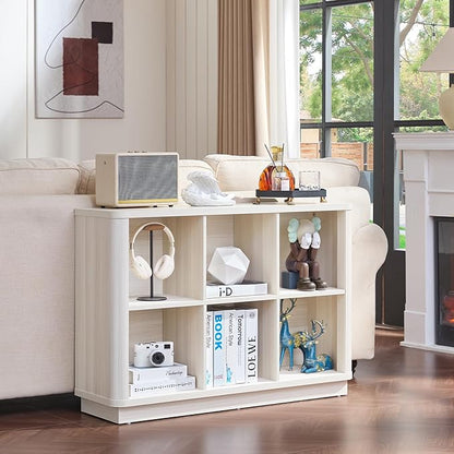 6 Cube Bookcase, 40" Wide Low Horizontal Book Shelf Curved Edge, Wood Floor Standing 2-Tier Bookshelf with Base, Modern Short Storage Cabinet Book Case for Bedroom,Office, Grey-White Cream Oak