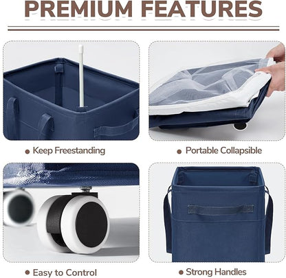 CHICVITA Laundry Basket with Wheels, 75L Laundry Hamper for Dirty Clothes, College Dorm Essentials, Clothes Hamper for Livng Room, Blue