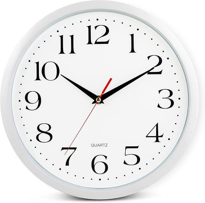 Bernhard Products White Wall Clock Silent Non Ticking, 12 Inch Quality Quartz Battery Operated Round Easy to Read Home/Office/Kitchen/Classroom/School Sweep Clock, Black Hands