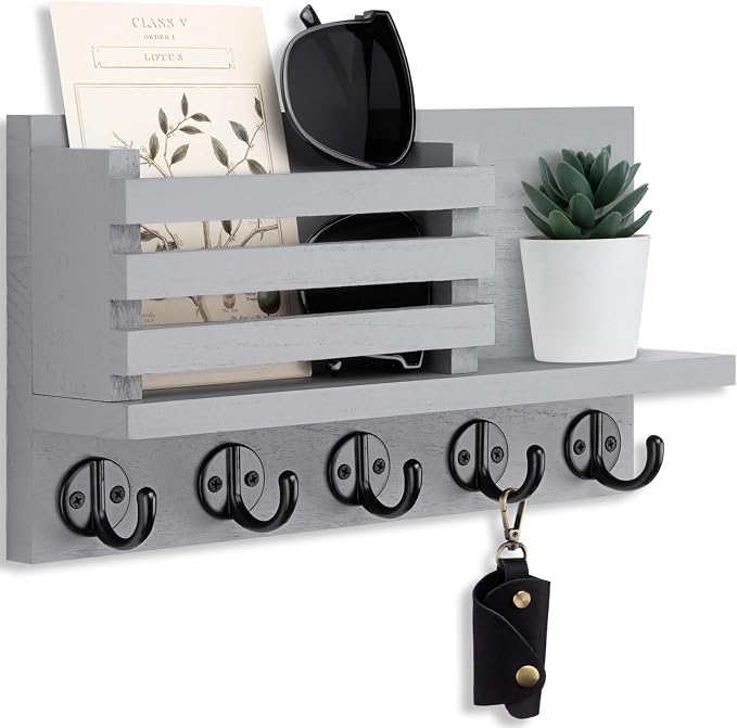 Lwenki Key Holder for Wall – Decorative Wooden Mail Holder and Key Shelf with Mounting Hardware, Installation Guide – Paulownia Wood with Metal Key Hooks (Gray, Large - 11.8inch)